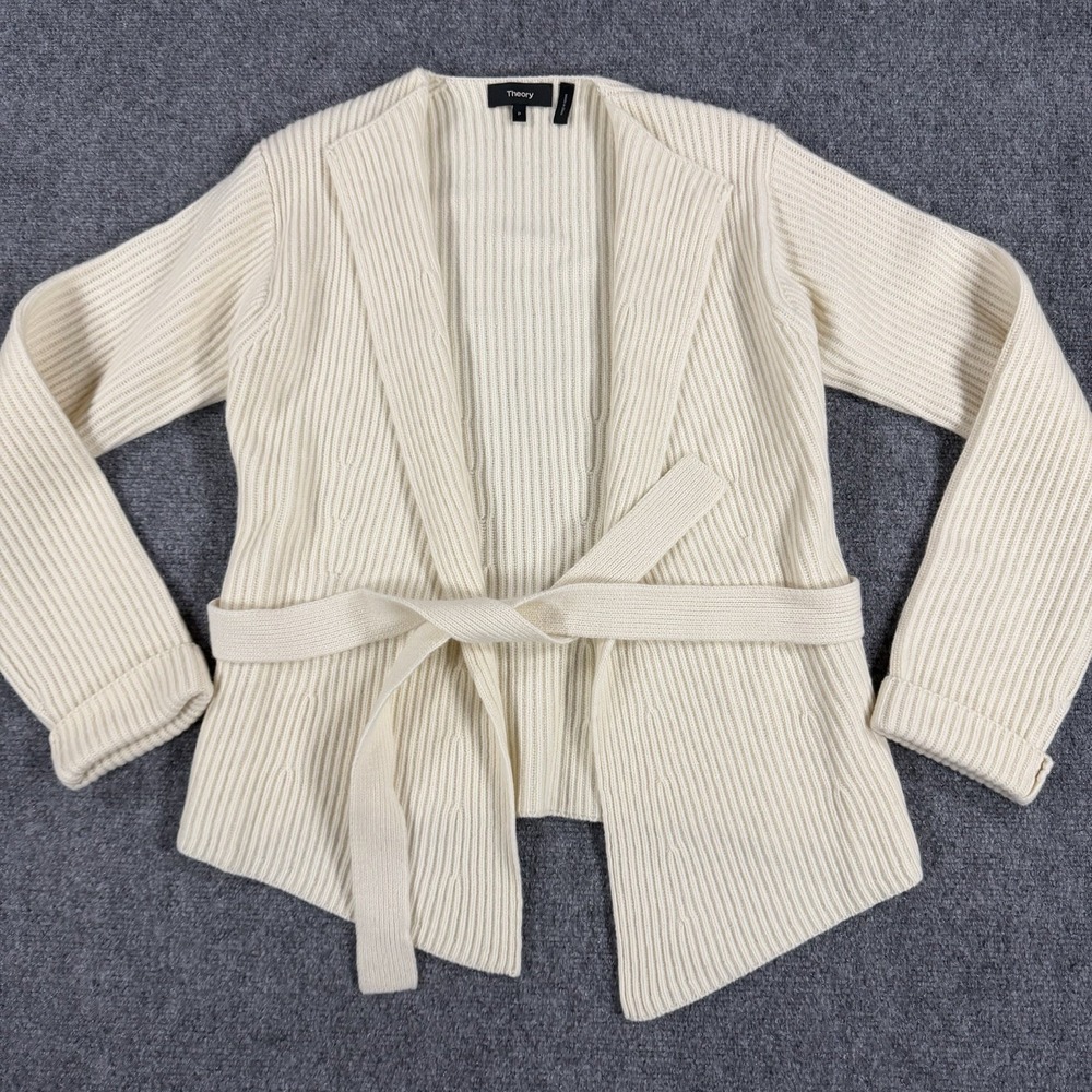 Theory‎ Cardigan Sweater Petite Cream Wool Cashmere Blend Tie Ribbed Knit Luxury
